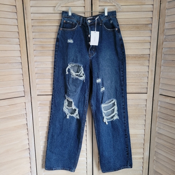 Cello 90s Baggy Distressed Frayed Highrise Dark Blue Junior's Jeans Size 9 NWT - Picture 1 of 9